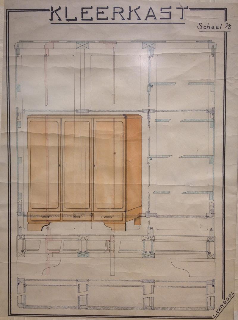 Historische technische tekening van een kastontwerp van de familie Van Gool